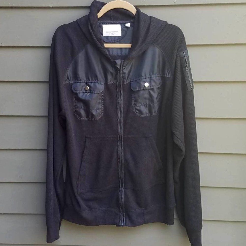 Paper Denim & Cloth Waffle Weave Zip Front Hooded Jacket Black Size Large
